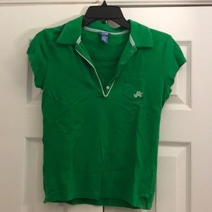 Green and white v-neck polo shirt